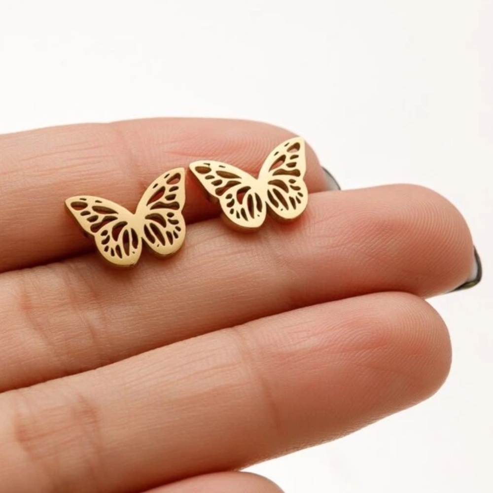Gold plated stainless steel butterfly stud earrings - Picture 2 of 3
